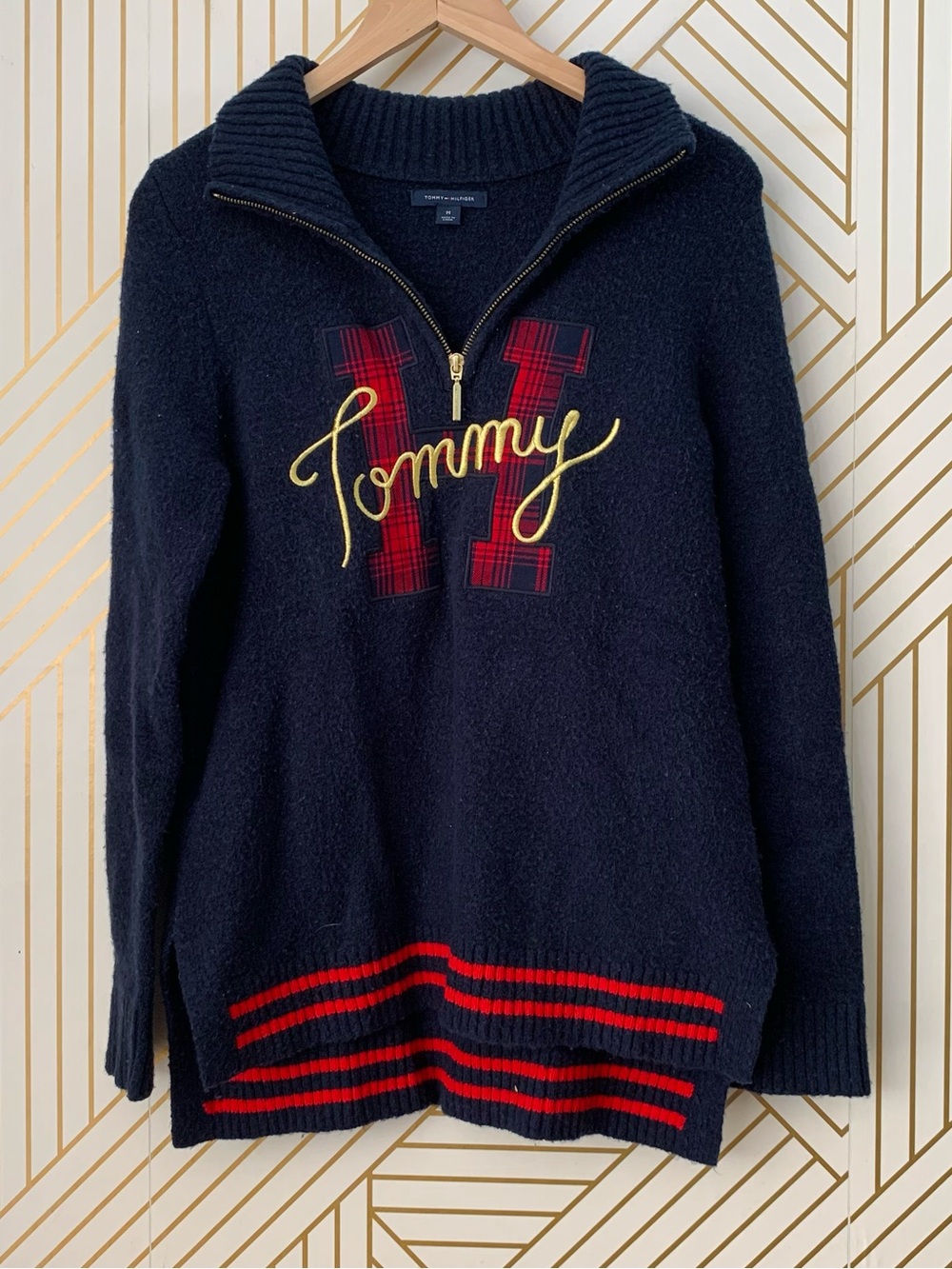 Tommy Hilfiger vintage quarter zip plaid wool blend sweater Y2K preppy classic M